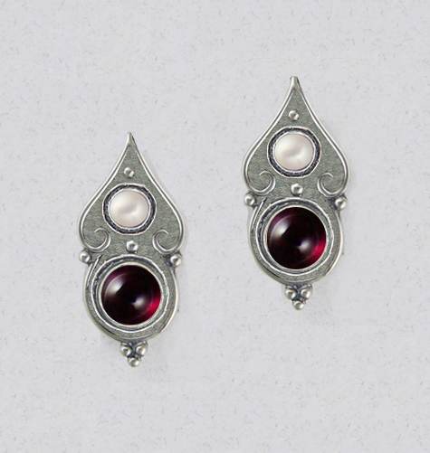 Sterling Silver Gothic Look Post Stud Earrings With Garnet And Cultured Freshwater Pearl